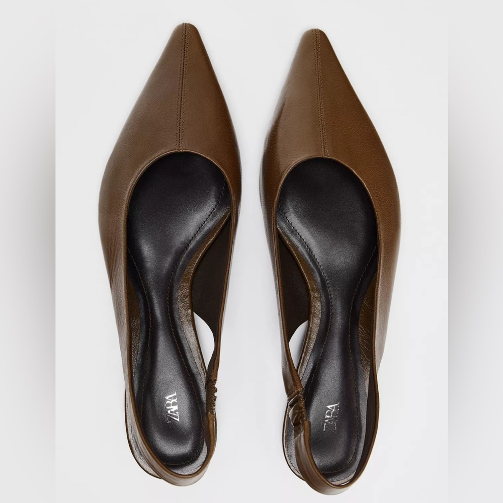 🐻 ZARA Pointed Brown Leather Slingback Flats